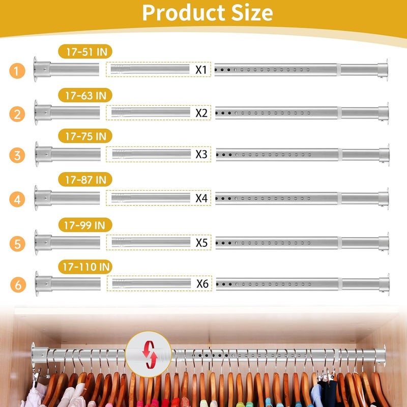 Tiemlet Closet Rod, 17 to 63 Inch Stainless Steel Adjustable Closet Rod,1.3 Inch Diameter Heavy Duty Closet Rods for Hanging Clothes,Silver Closet Poles for Wardrobes - Image 4
